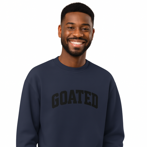 "GOATED" Heavyweight Embroidered Sweatshirt – Unisex Fleece Crewneck, Bold Streetwear Pullover, Soft Cotton Blend, Cozy Relaxed Fit, Drop Shoulder Hoodie Alt
