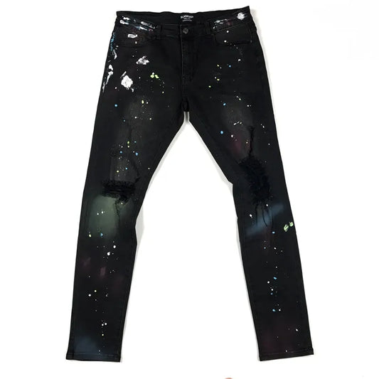 Galaxy Graffiti Ripped Skinny Jeans –  Streetwear Art Denim, Stretch Fit Distressed Pants, Graffiti Print Jeans for Men
