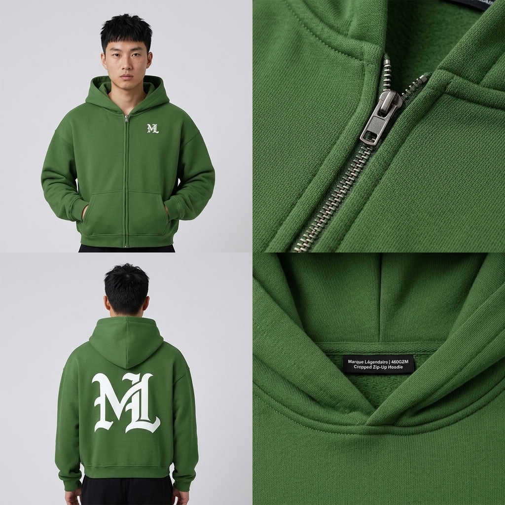 Marque Légendaire Waist Cropped Zip-Up Hoodie | 460GSM — Apparel & Accessories > Clothing > Activewear > Hoodies Detail View 9 | Legendary Branding