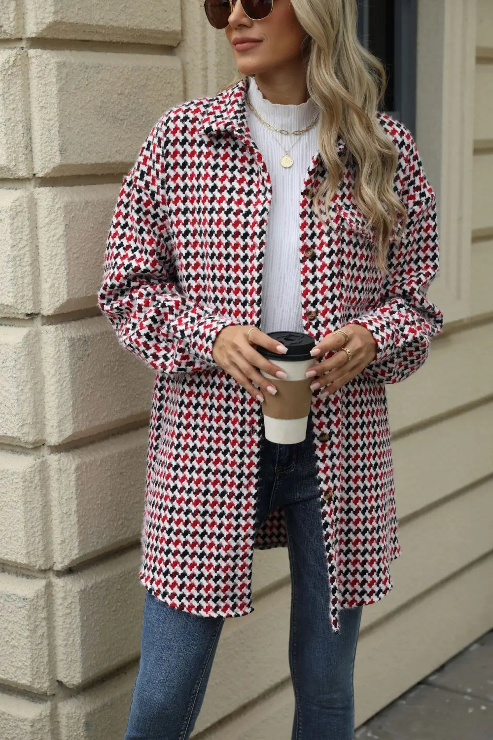 Women’s Hounds-Tooth Lapel Coat (Mid length)