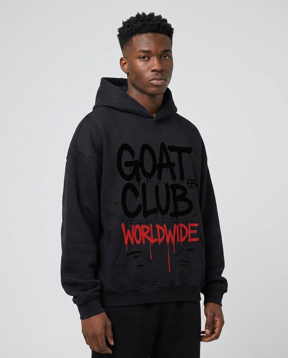 The GOAT Club Oversized Hoodie back view spray paint design

