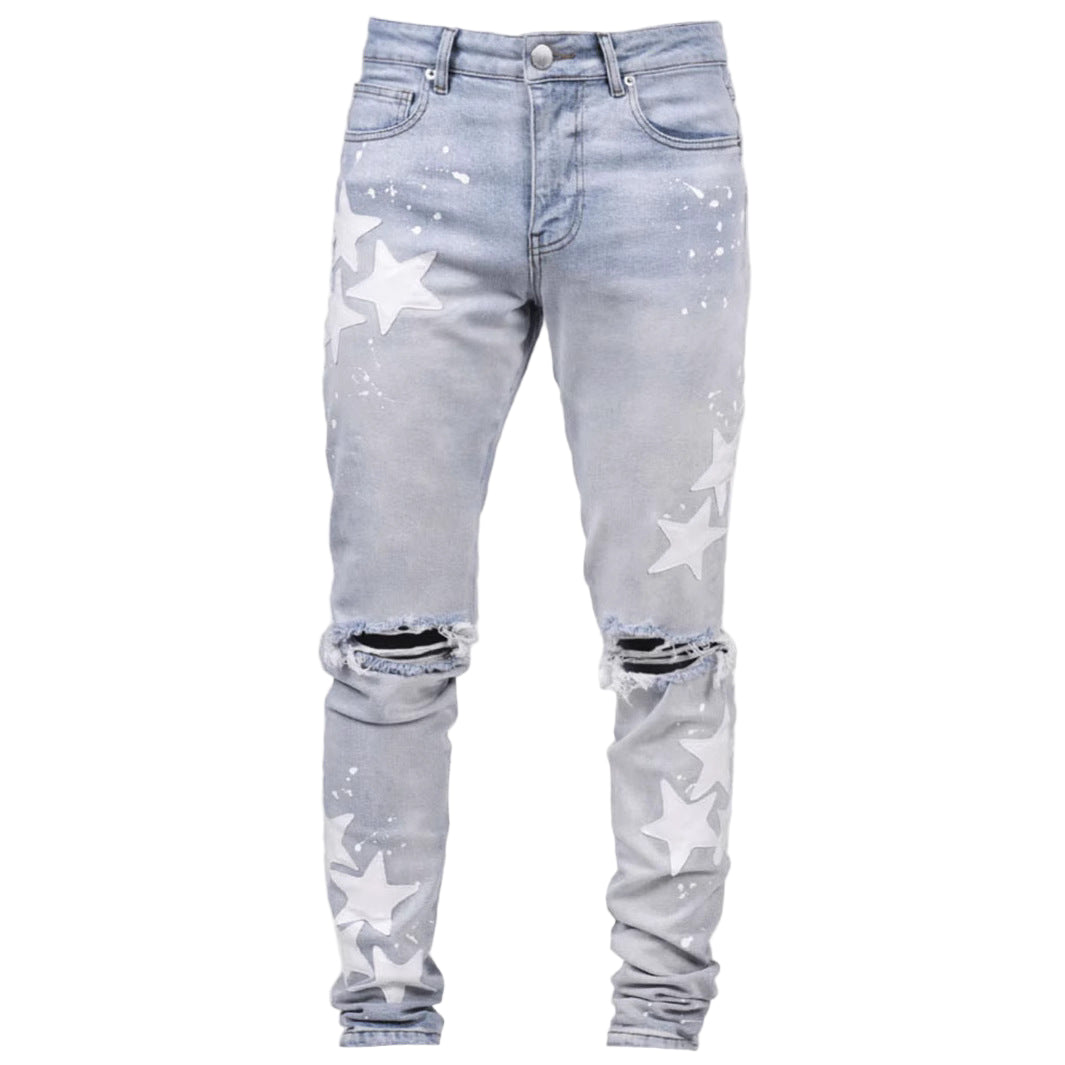 Men's "Stars" Slim-fit Stretch Jeans - Stars Embroidered Slim-fit Jeans, Stretch Denim Jeans, Mid Waist Streetwear Jeans, Slim-fit Jeans