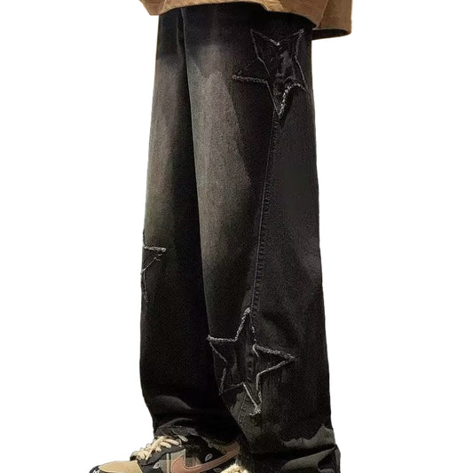 Nightstar Y2K Baggy Star Patch Jeans for Men – Vintage Straight Leg Denim, 2000s Streetwear Aesthetic, Retro Hip Hop Embroidered Jeans