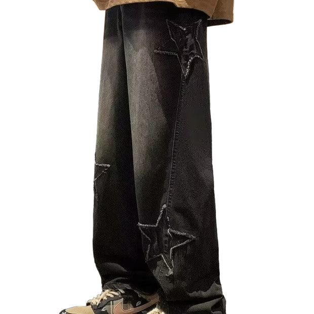 Nightstar Y2K Baggy Star Patch Jeans for Men – Vintage Straight Leg Denim, 2000s Streetwear Aesthetic, Retro Hip Hop Embroidered Jeans