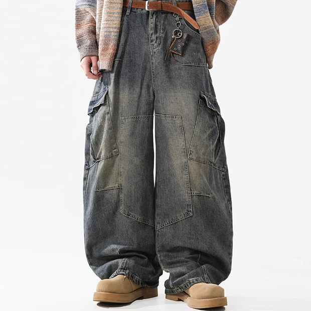 GOATED Heavyweight Multi-Pocket Washed Vintage Loose Jean – Men’s Streetwear Baggy Denim, Washed Retro Utility Jeans
