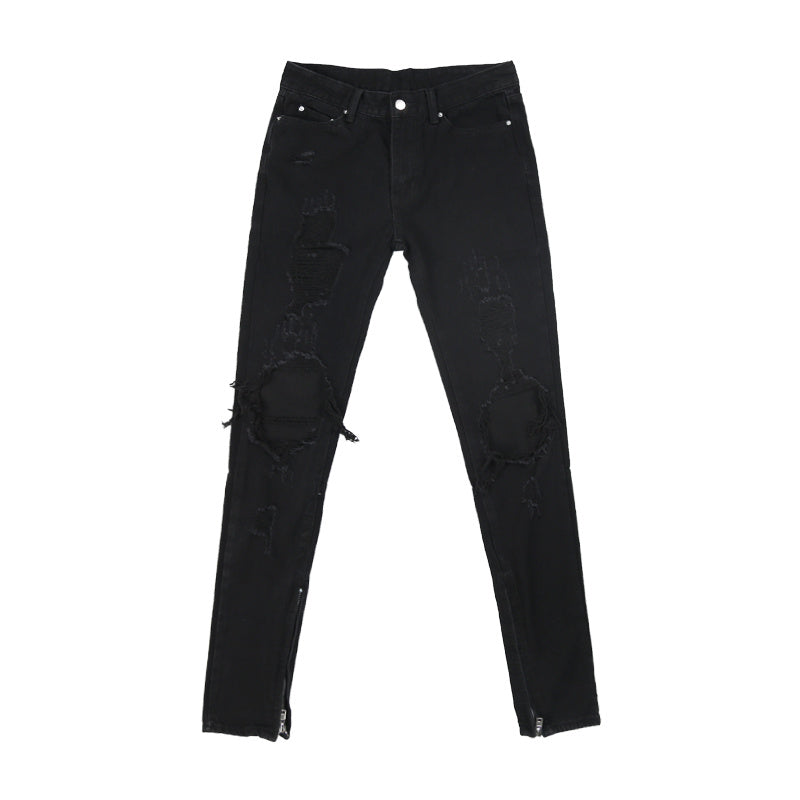 Blackout Streetwear Jeans for Men – Tapered Fit, Premium Cotton, Urban Ripped Denim, Ripped Black Denim Jeans, Black Streetwear Jeans, Ankle Zip Jeans
