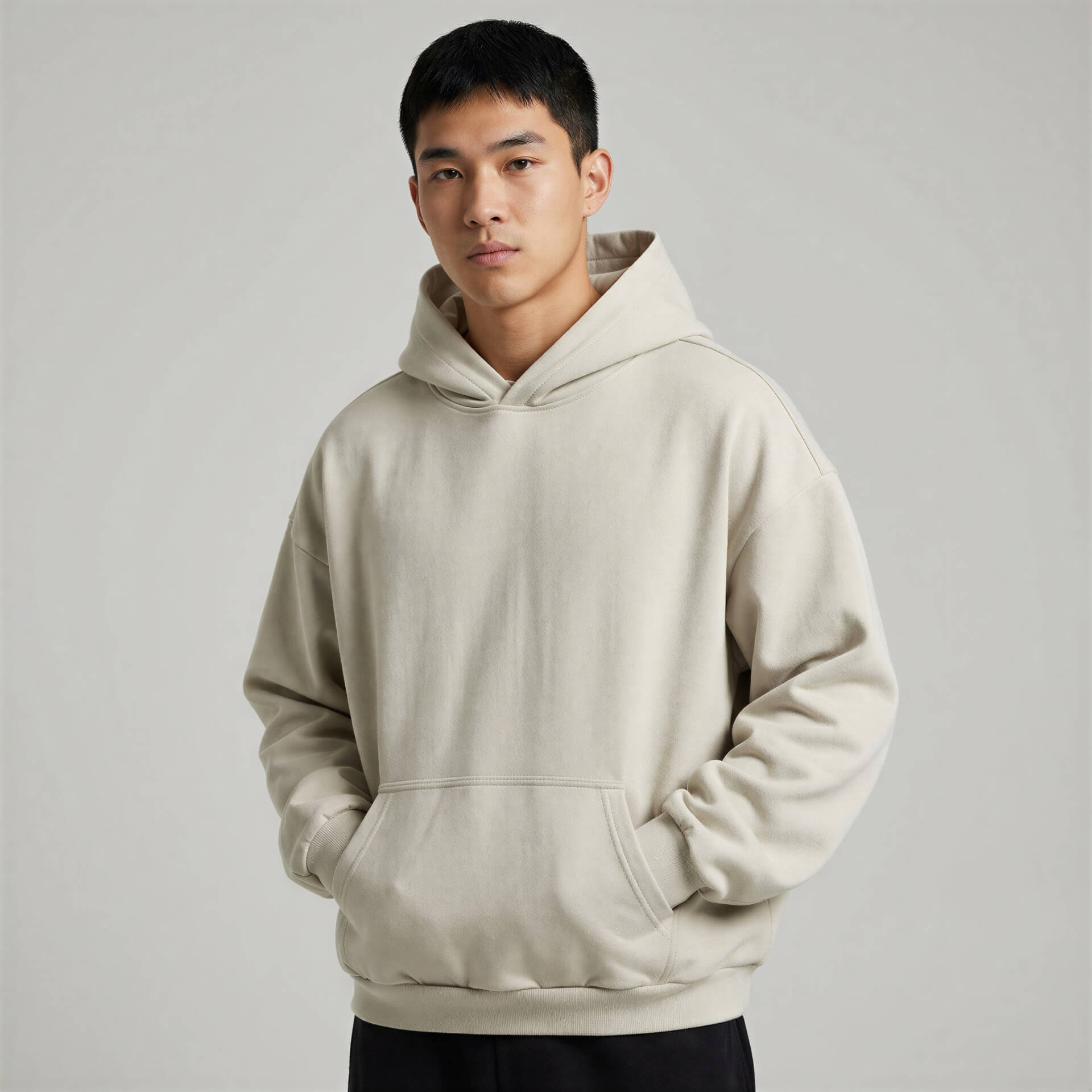 Blank heavyweight oversized hoodie in light beige, featuring a front pocket and adjustable drawstring hood.