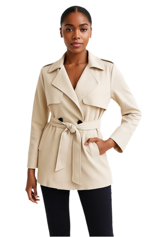European Suede Belted Trench Coat - Women's Double Breasted Long Sleeve V-Neck Windbreaker