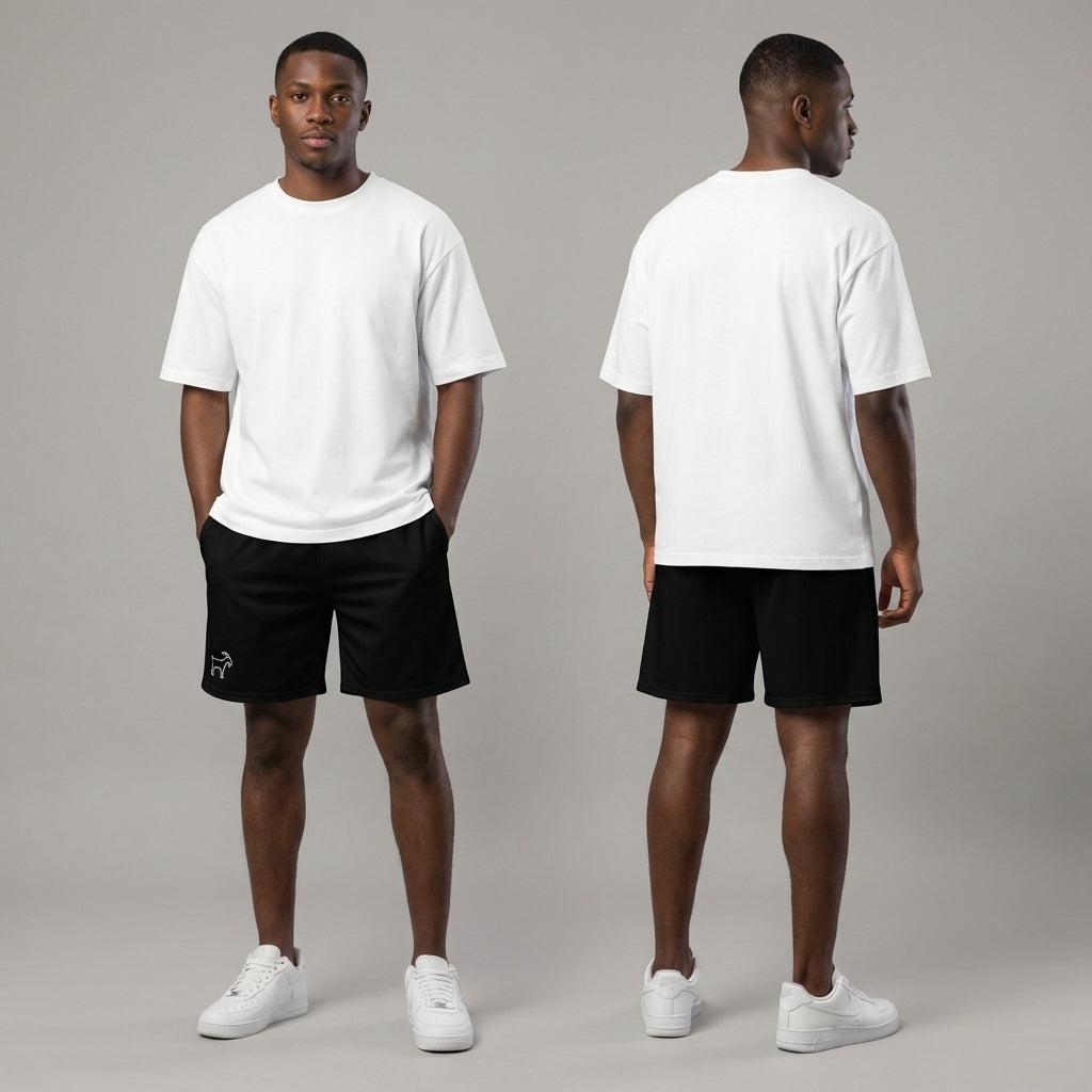 Short de sport (noir) – Short de course extensible recyclé, protection solaire UPF 50+, poches en filet anti-humidité | Legendary Branding® 