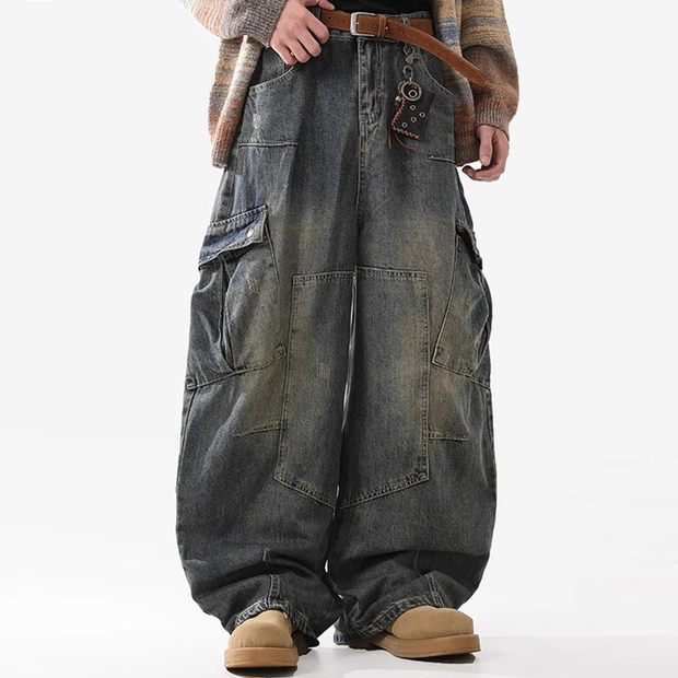 GOATED Heavyweight Multi-Pocket Washed Vintage Loose Jean – Men’s Streetwear Baggy Denim, Washed Retro Utility Jeans