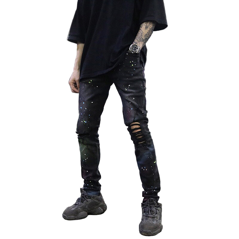 Galaxy Graffiti Ripped Skinny Jeans –  Streetwear Art Denim, Stretch Fit Distressed Pants, Graffiti Print Jeans for Men