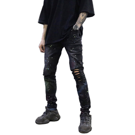 Galaxy Graffiti Ripped Skinny Jeans –  Streetwear Art Denim, Stretch Fit Distressed Pants, Graffiti Print Jeans for Men