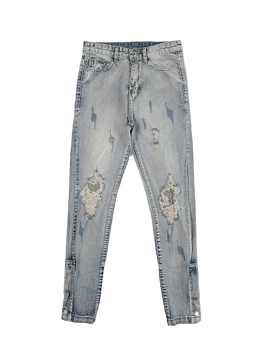 Bleach Fade Snap-Slit Ripped Jeans – Light Blue Streetwear Denim, Distressed Skinny Fit, GOAT Urban Streetwear Fashion Jeans