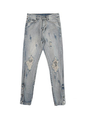 Bleach Fade Snap-Slit Ripped Jeans – Light Blue Streetwear Denim, Distressed Skinny Fit, GOAT Urban Streetwear Fashion Jeans