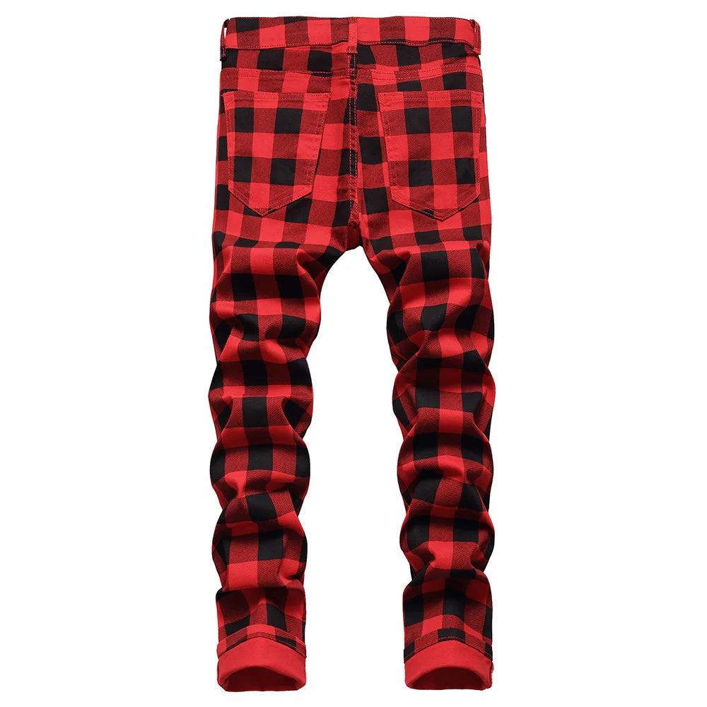 Men’s Red Plaid Slim Jeans - Fashion Printed Stretch Denim Pants | Straight-leg Jeans Streetwear Fashion