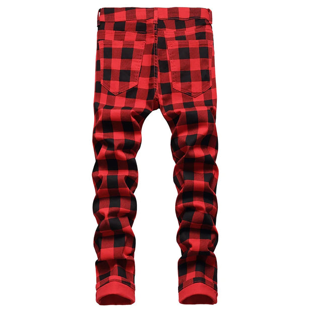 Men’s Red Plaid Slim Jeans - Fashion Printed Stretch Denim Pants | Straight-leg Jeans Streetwear Fashion
