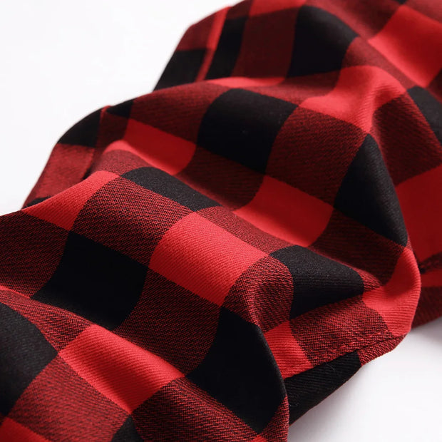 Men’s Red Plaid Slim Jeans - Fashion Printed Stretch Denim Pants | Straight-leg Jeans Streetwear Fashion