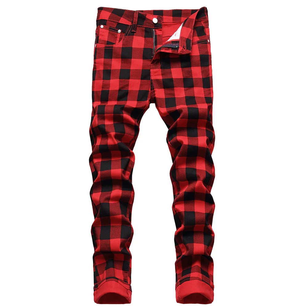 Men’s Red Plaid Slim Jeans - Fashion Printed Stretch Denim Pants | Straight-leg Jeans Streetwear Fashion