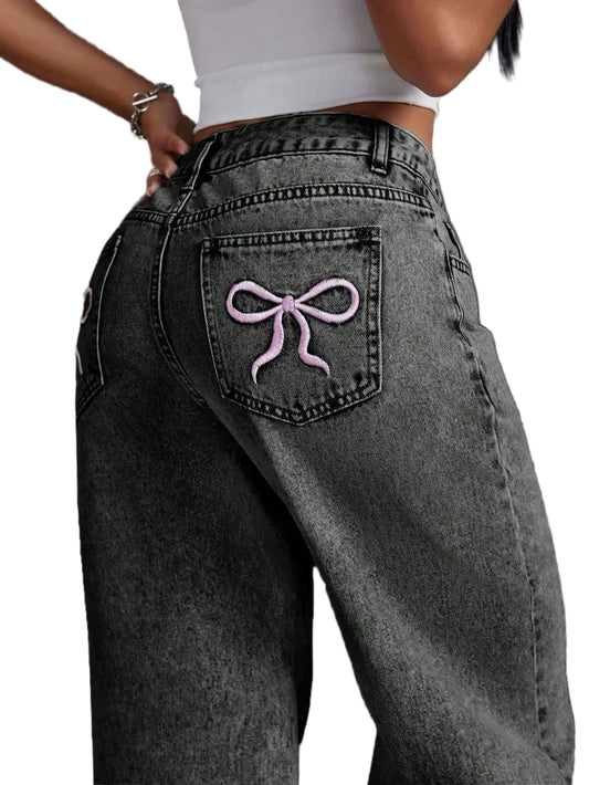 Y2K Wide-leg Jeans – Mid Waist Denim Jeans, Wide-leg Two-Tone Streetwear