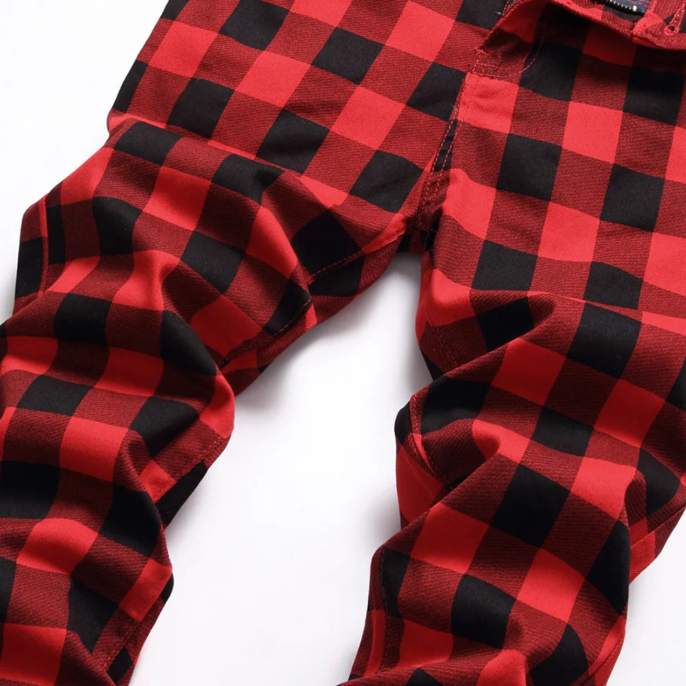 Men’s Red Plaid Slim Jeans - Fashion Printed Stretch Denim Pants | Straight-leg Jeans Streetwear Fashion