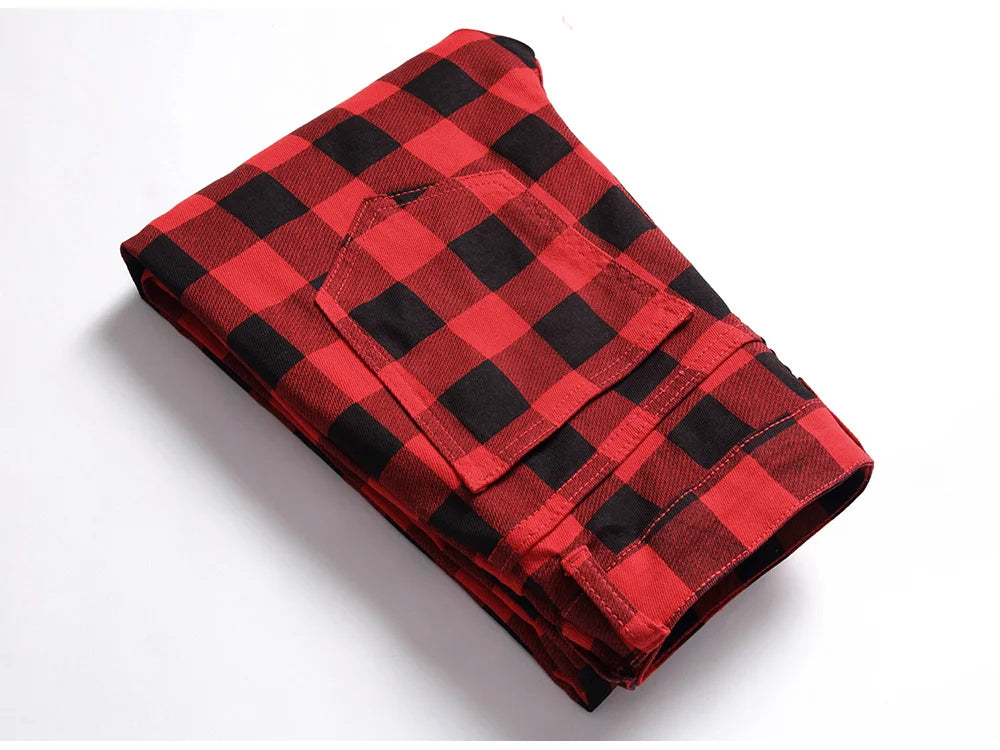 Men’s Red Plaid Slim Jeans - Fashion Printed Stretch Denim Pants | Straight-leg Jeans Streetwear Fashion