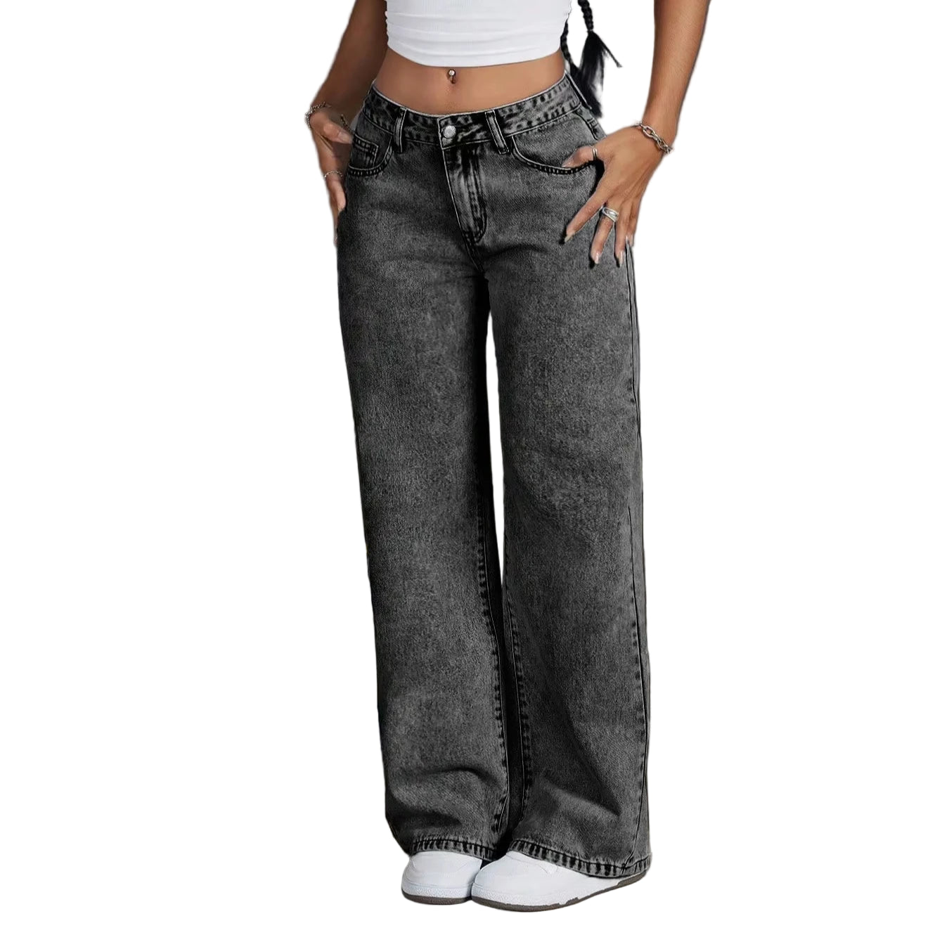 Y2K Wide-leg Jeans – Mid Waist Denim Jeans, Wide-leg Two-Tone Streetwear