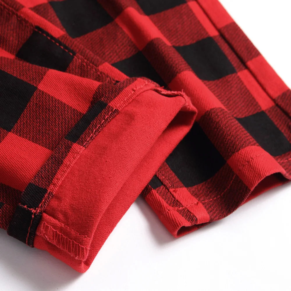 Men’s Red Plaid Slim Jeans - Fashion Printed Stretch Denim Pants | Straight-leg Jeans Streetwear Fashion