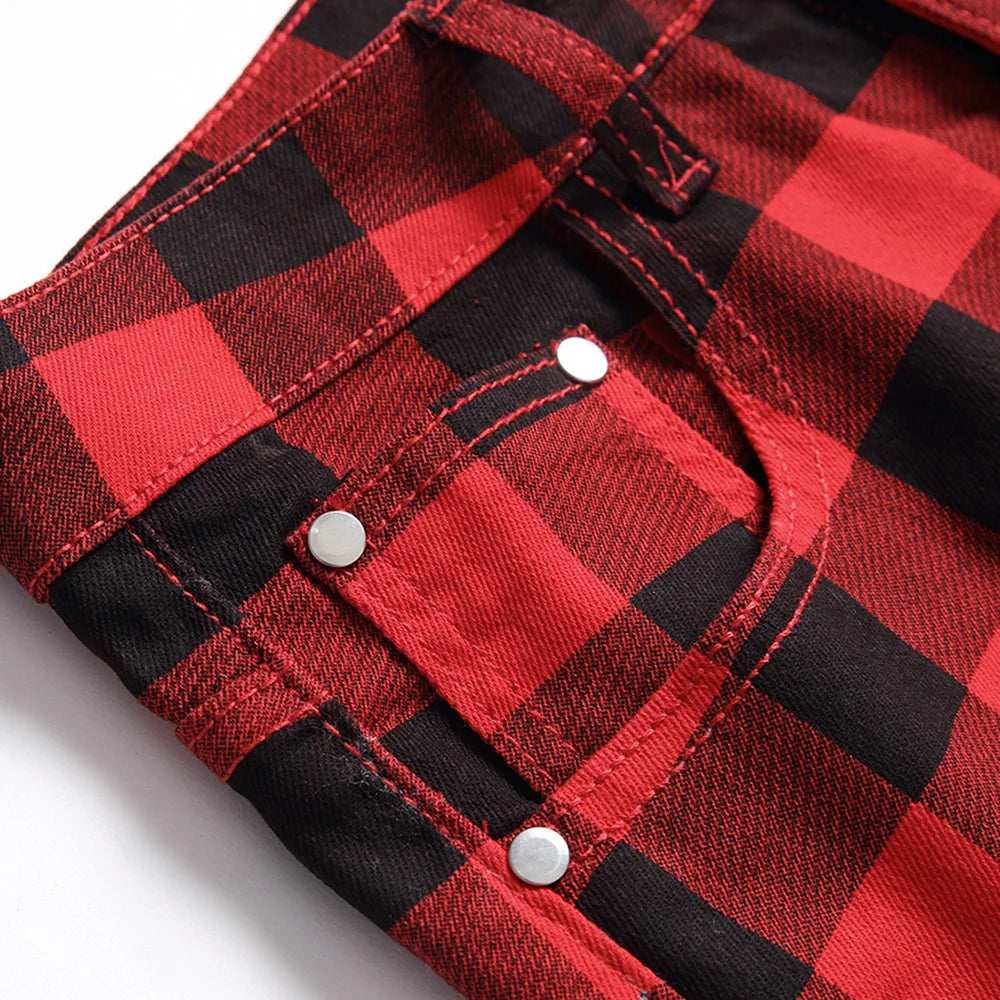 Men’s Red Plaid Slim Jeans - Fashion Printed Stretch Denim Pants | Straight-leg Jeans Streetwear Fashion