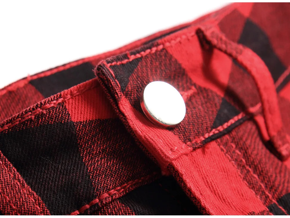 Men’s Red Plaid Slim Jeans - Fashion Printed Stretch Denim Pants | Straight-leg Jeans Streetwear Fashion