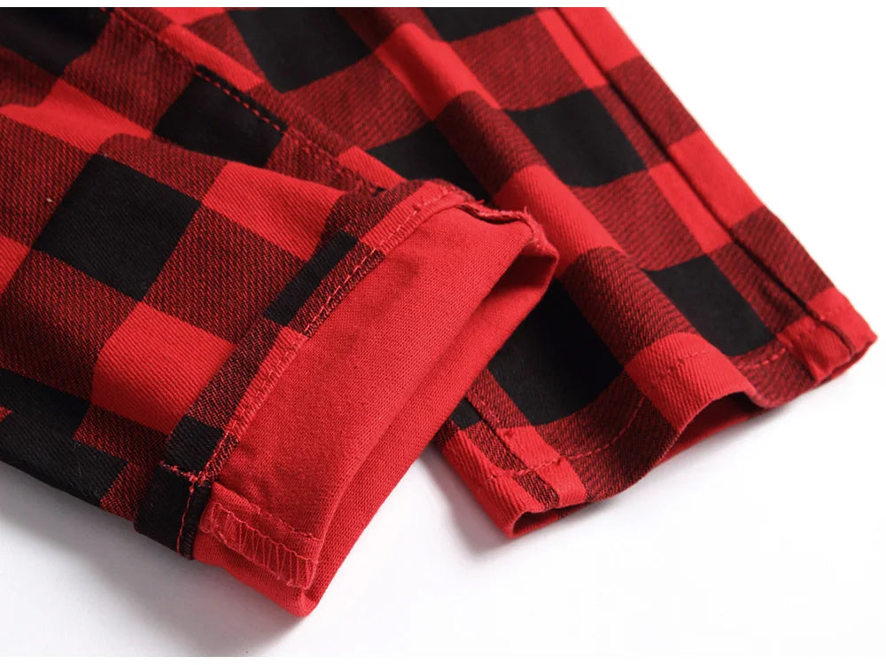 Men’s Red Plaid Slim Jeans - Fashion Printed Stretch Denim Pants | Straight-leg Jeans Streetwear Fashion