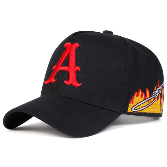 Letter A Embroidered Baseball Cap - Flame Side Design Snapback | Unisex Adjustable Streetwear Hat