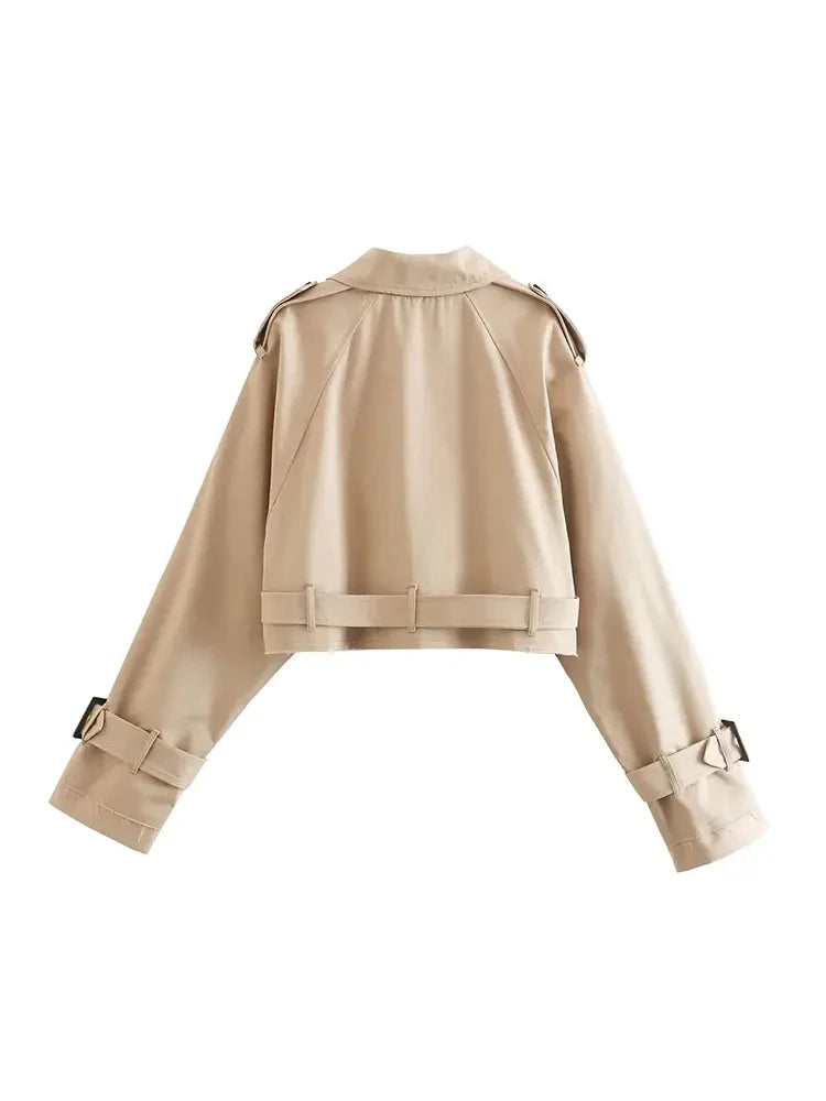 Belted Cropped Trench Jacket - Women’s Vintage Double Breasted Streetwear Coat, Spring Casual Outwear