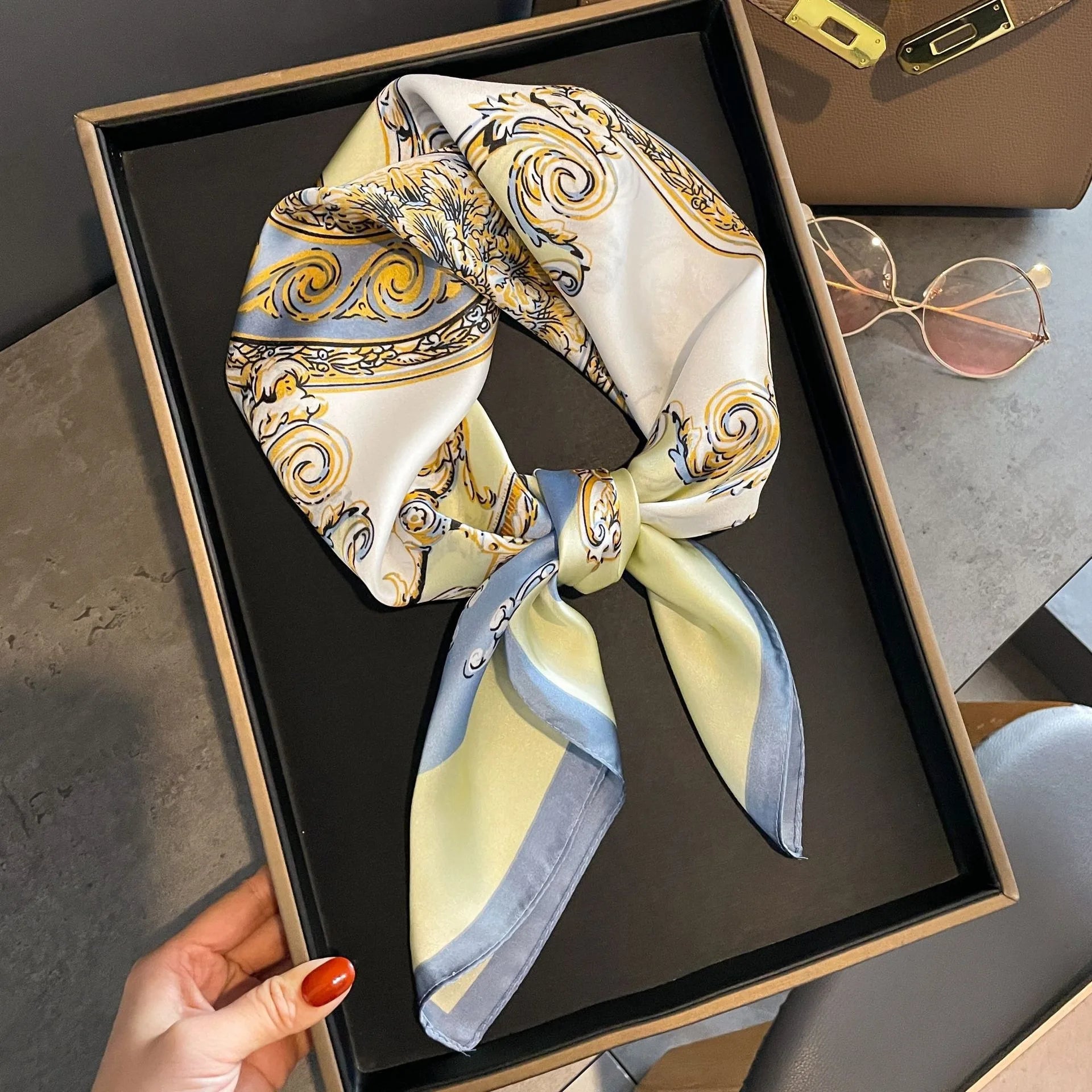 Luxury Fashion Print Silk Square Scarf - 70×70cm Soft Satin Neckerchief Hairband & Bag Accessory for Women