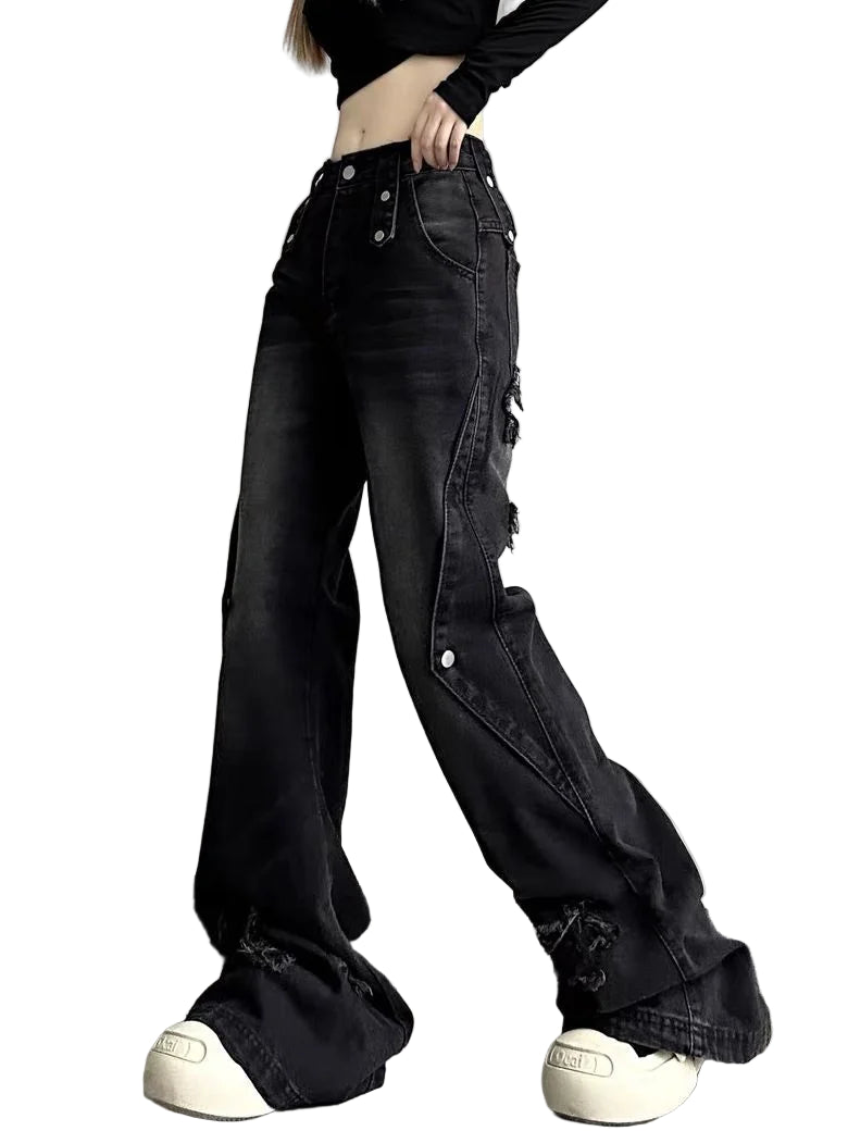 HarajukuFlare™ Y2K Wide Leg Jeans – High Waist Vintage Denim | Slim Fit Streetwear Ripped Pants for Women