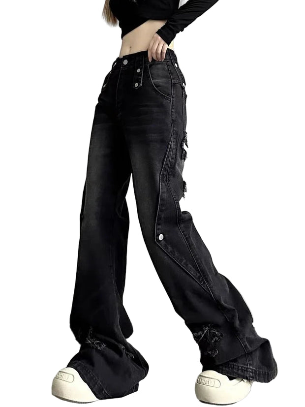 HarajukuFlare™ Y2K Wide Leg Jeans – High Waist Vintage Denim | Slim Fit Streetwear Ripped Pants for Women
