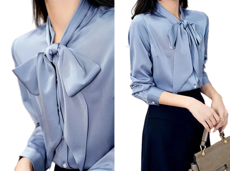 Silk Satin Bow-Tie Blouse - Women’s Long Sleeve Lightweight Sash Shirt | Elegant Spring Top