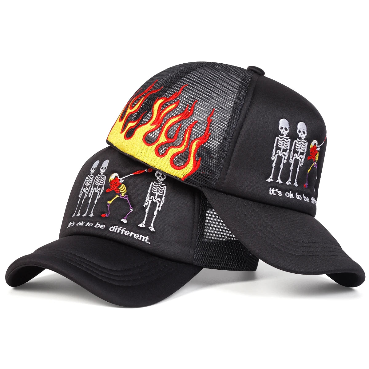 Skeleton Embroidered Flame Trucker Hat - "It’s OK to Be Different" Mesh Cap | Adjustable Summer Snapback