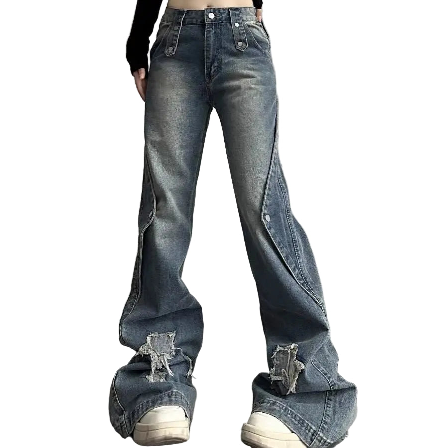 HarajukuFlare™ Y2K Wide Leg Jeans – High Waist Vintage Denim | Slim Fit Streetwear Ripped Pants for Women