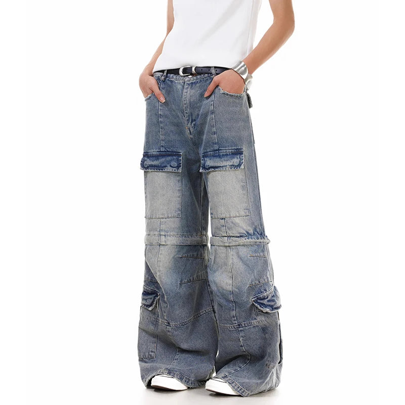 Men’s Wide Leg Denim Jeans – Detachable Baggy Solid Color Deconstruction Loose Fit Streetwear Pants