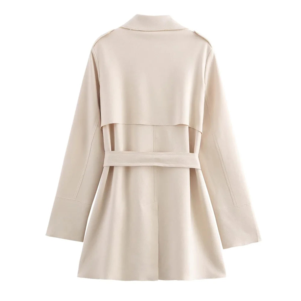 European Suede Belted Trench Coat - Women's Double Breasted Long Sleeve V-Neck Windbreaker