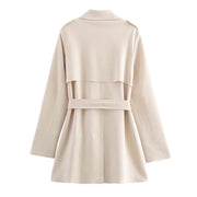 European Suede Belted Trench Coat - Women's Double Breasted Long Sleeve V-Neck Windbreaker