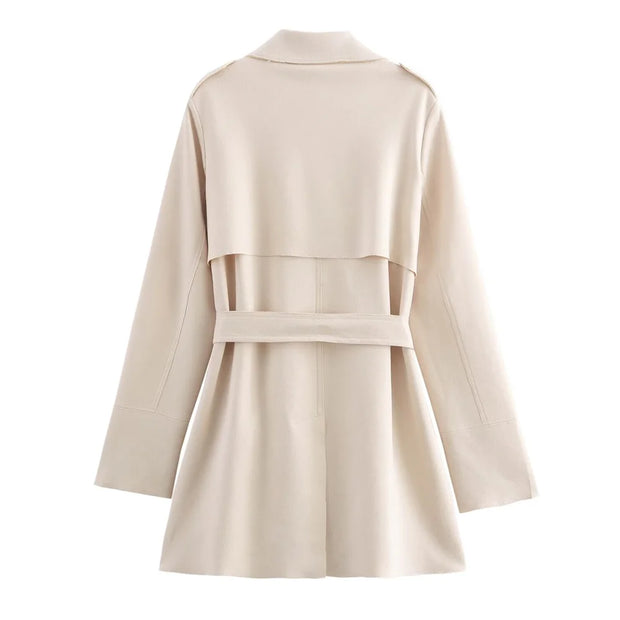 European Suede Belted Trench Coat - Women's Double Breasted Long Sleeve V-Neck Windbreaker