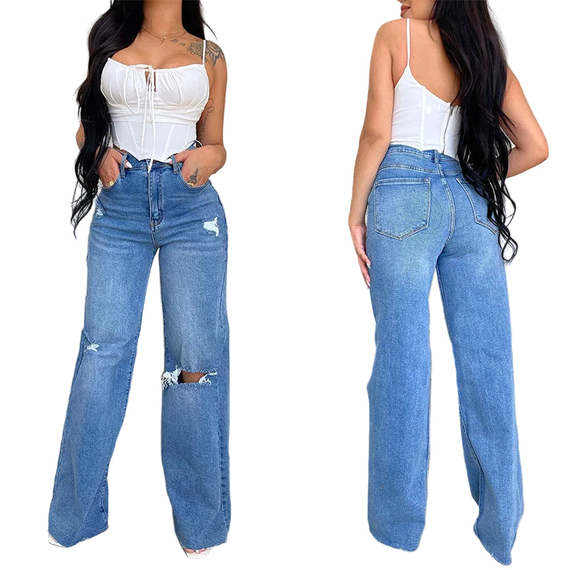Skycut Denim Pants – High Waist Wide-Leg Jeans, Ankle-Length Streetwear, Women's Baggy Fit Trousers