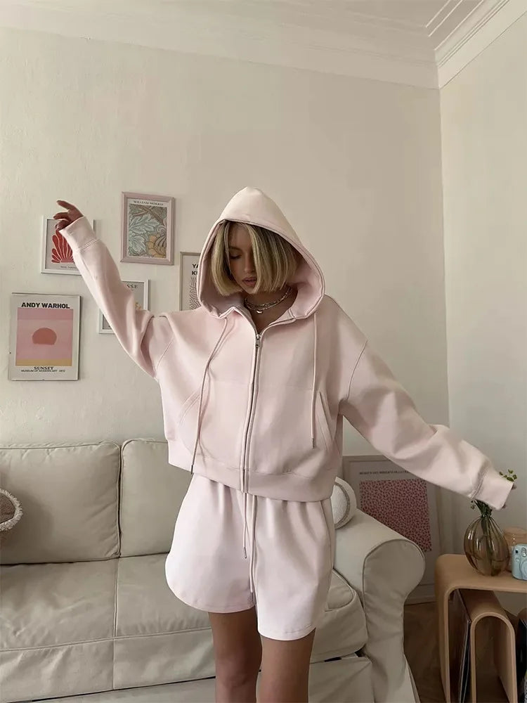 SoftStitch™ Pink Oversized Hoodie & Shorts Set – Women’s Spring Loungewear, Casual Two-Piece Matching Outfit for Streetwear & Relaxed Days