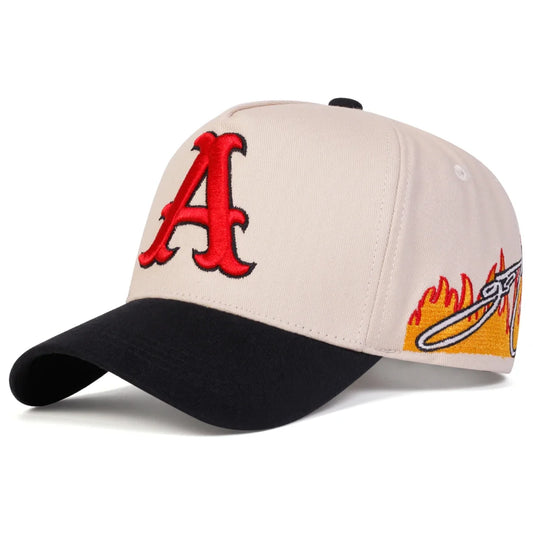 Letter A Embroidered Baseball Cap - Flame Side Design Snapback | Unisex Adjustable Streetwear Hat