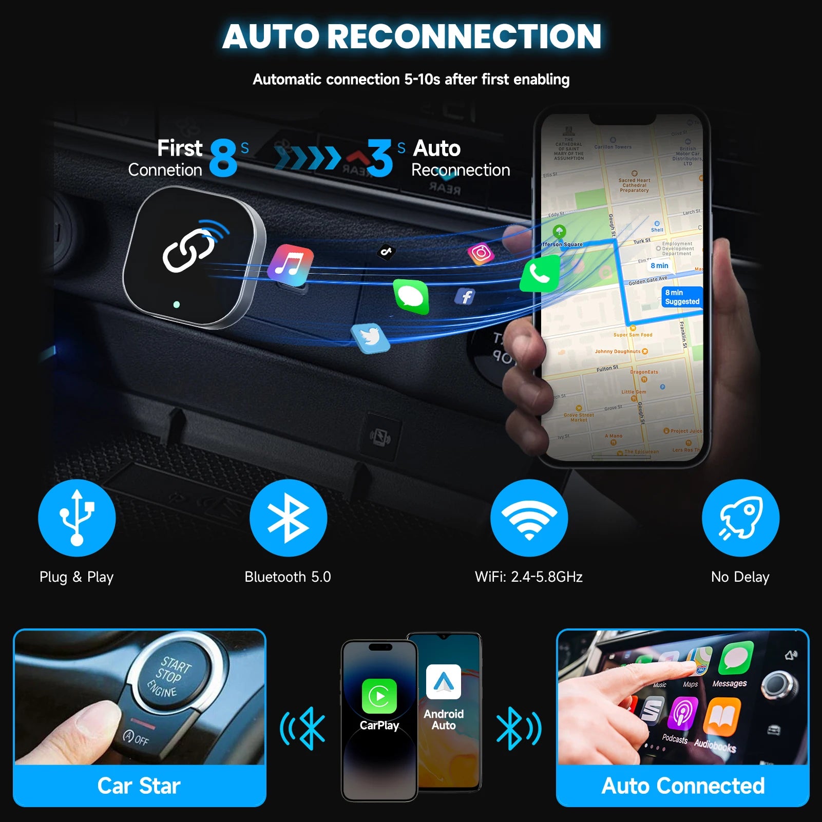 2-in-1 Wireless CarPlay & Android Auto Adapter – Plug & Play, Auto Connect, Converts Wired to Wireless for iPhone & Android (2017+ Cars)