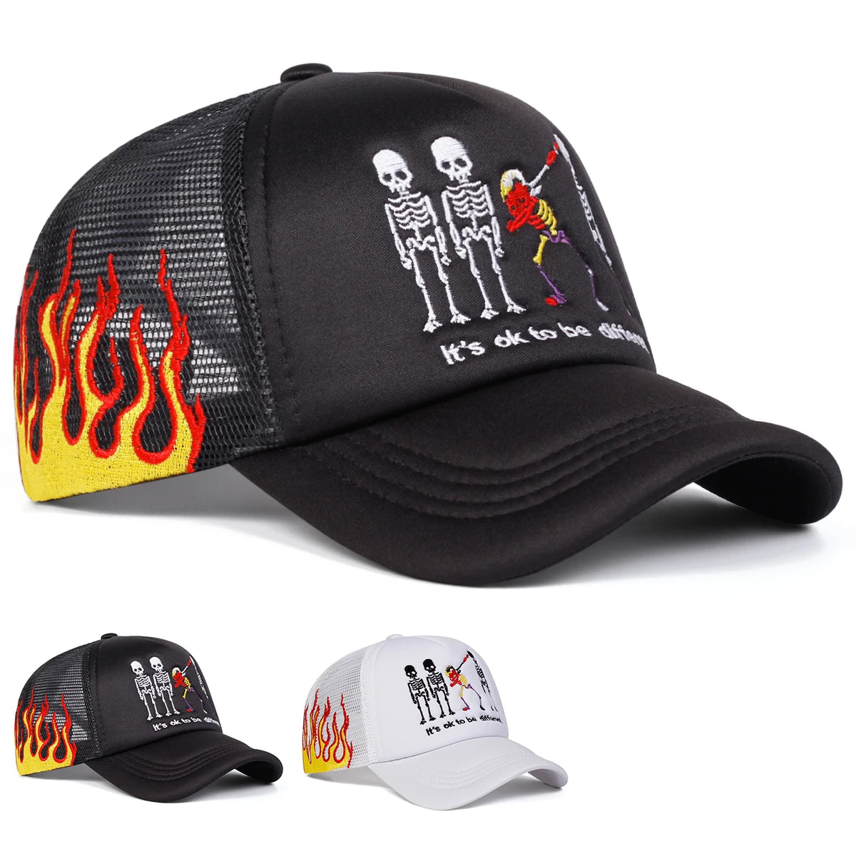 Skeleton Embroidered Flame Trucker Hat - "It’s OK to Be Different" Mesh Cap | Adjustable Summer Snapback