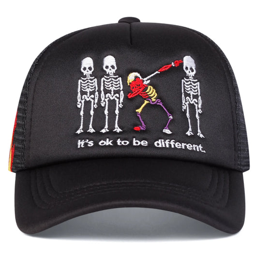 Skeleton Embroidered Flame Trucker Hat - "It’s OK to Be Different" Mesh Cap | Adjustable Summer Snapback