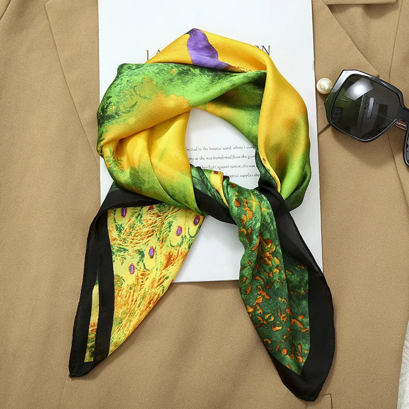 Luxury Fashion Print Silk Square Scarf - 70×70cm Soft Satin Neckerchief Hairband & Bag Accessory for Women