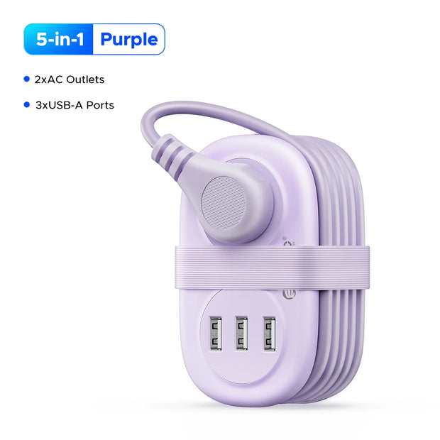5-in-1 Travel Power Strip – 2 AC Outlets + 3 USB Fast Charging Ports + Type-C, Compact Extension Cord with Surge Protection